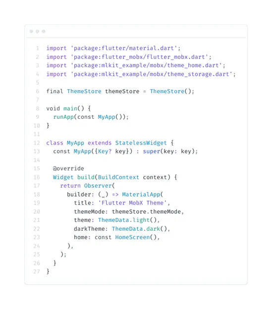 Code example for MobX implementation in Flutter for toggling between light and dark mode