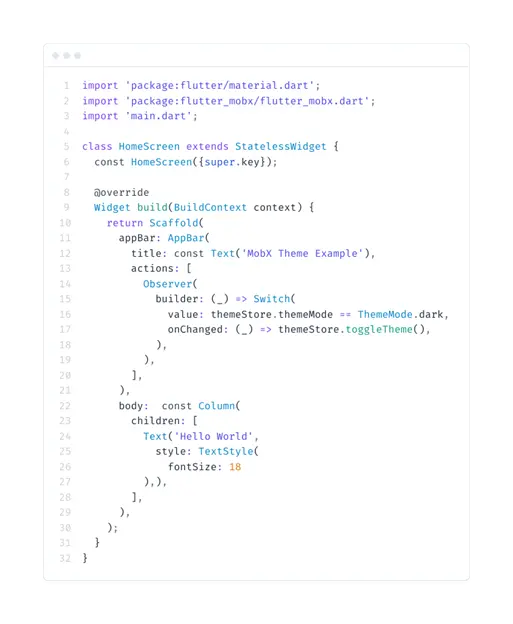 Code example for MobX implementation in Flutter for toggling between light and dark mode