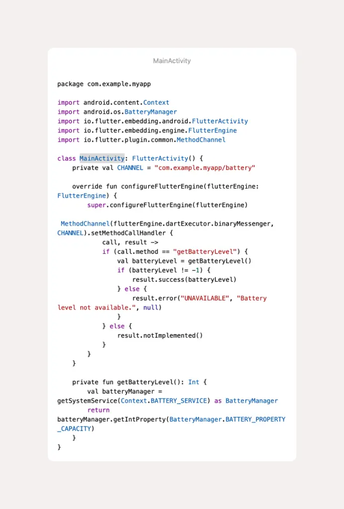 Illustration of platform channels in Flutter showing communication between Dart and native code