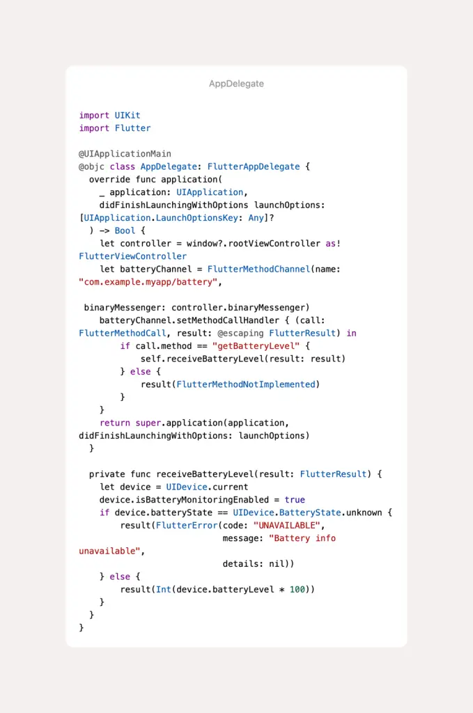 Illustration of platform channels in Flutter showing communication between Dart and native code