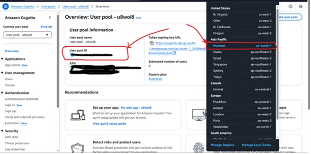 AWS Cognito user pool configuration panel