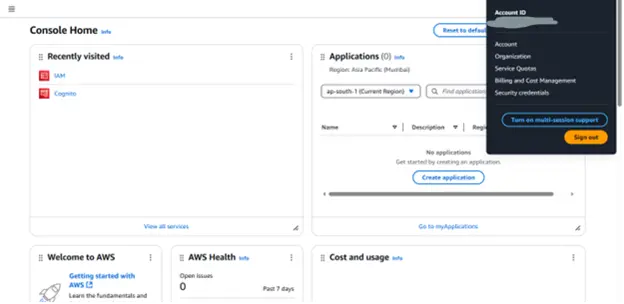 AWS security credentials panel for generating access keys