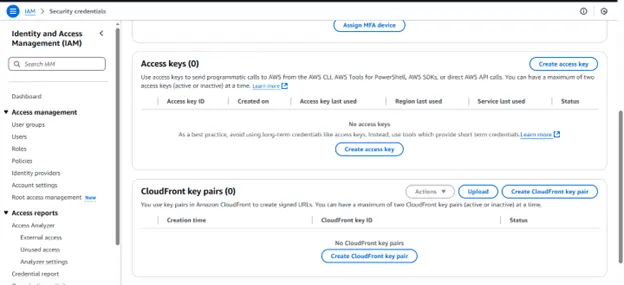 Access key creation window in AWS IAM console