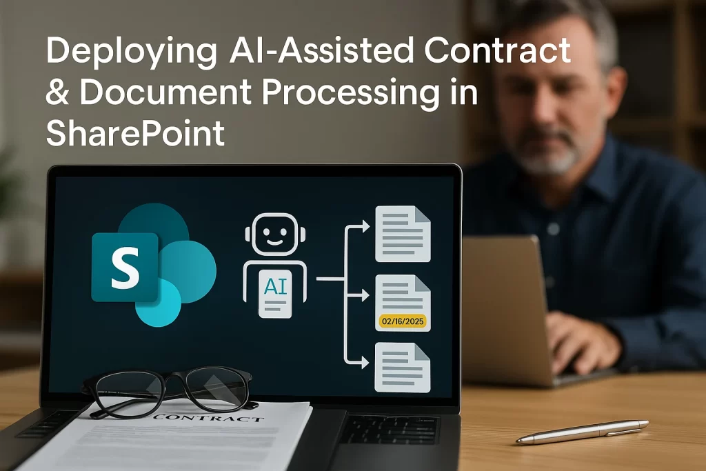 A man works on a laptop in the background, while a second laptop in the foreground displays a visual of AI-assisted contract and document processing in SharePoint. The screen shows SharePoint and AI icons connected to document icons, one of which has a highlighted date "02/16/2025." A pair of glasses rests on a printed contract on the keyboard. Text on the image reads, "Deploying AI-Assisted Contract & Document Processing in SharePoint