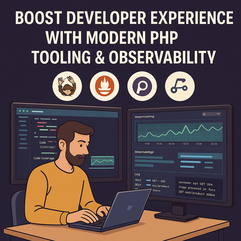 Illustration of a developer at a desk with dual monitors showing graphs and code. Text reads "Boost Developer Experience with Modern PHP Tooling & Observability".