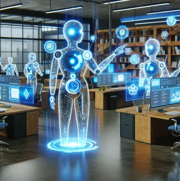 Futuristic office setting with multiple glowing, transparent humanoid AI holograms interacting with digital interfaces. The room features modern wooden desks, computer monitors displaying data visualizations, and high-tech lighting. The scene emphasizes advanced artificial intelligence integration in a workspace environment.