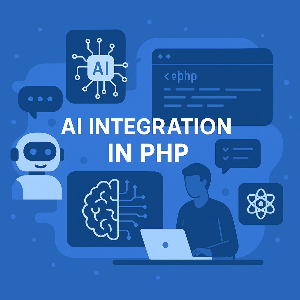 Blue graphic with text "AI Integration in PHP." Highlights AI-related icons: chatbot, brain, and code, with a person at a laptop, conveying a tech-focused theme.