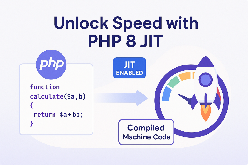 Graphic promoting PHP 8 JIT with a coding snippet labeled 'PHP' leading to a rocket over a speedometer. Text reads 'Unlock Speed with PHP 8 JIT, JIT Enabled, Compiled Machine Code.'"
