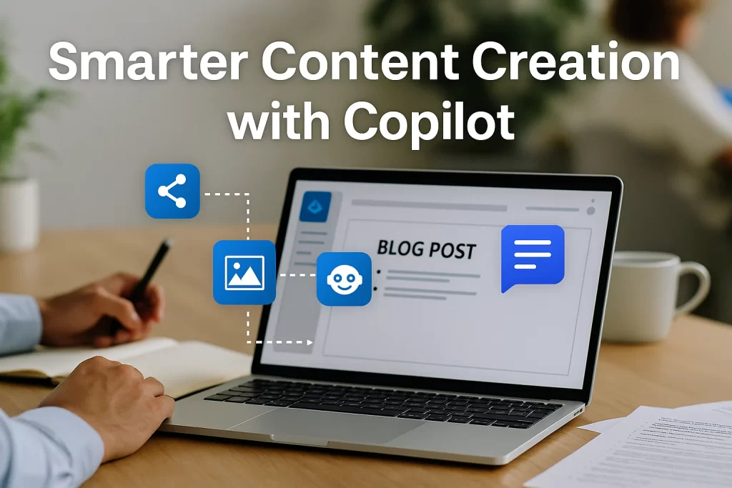 A person is working at a desk with a laptop displaying a "BLOG POST" screen. The overlay includes icons representing content creation tools: sharing, images, AI assistance, and messaging. Text on the image reads "Smarter Content Creation with Copilot." A coffee mug and documents are visible in the background.