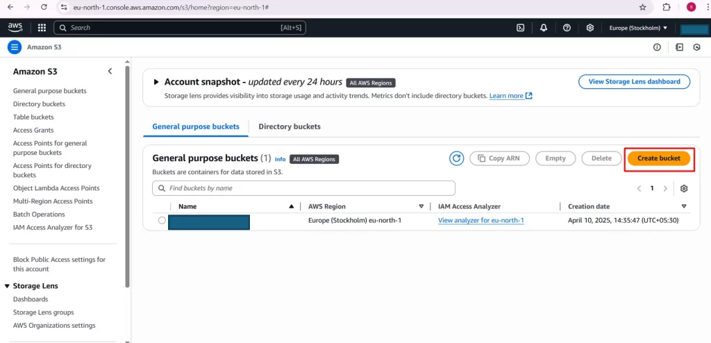 AWS S3 Console: Create bucket form showing fields to enter bucket name and region.