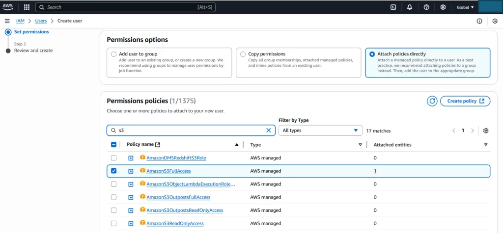 AWS IAM user creation screen: 'Attach existing policies directly' with AmazonS3FullAccess policy selected