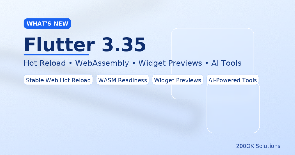 Flutter 3.35 banner with modern gradient, diagonal light beams, glass cards, and headline ‘What’s New — Flutter 3.35: Hot Reload, WebAssembly, Widget Previews, AI-Powered Tools’, small ‘200OK Solutions’ footer