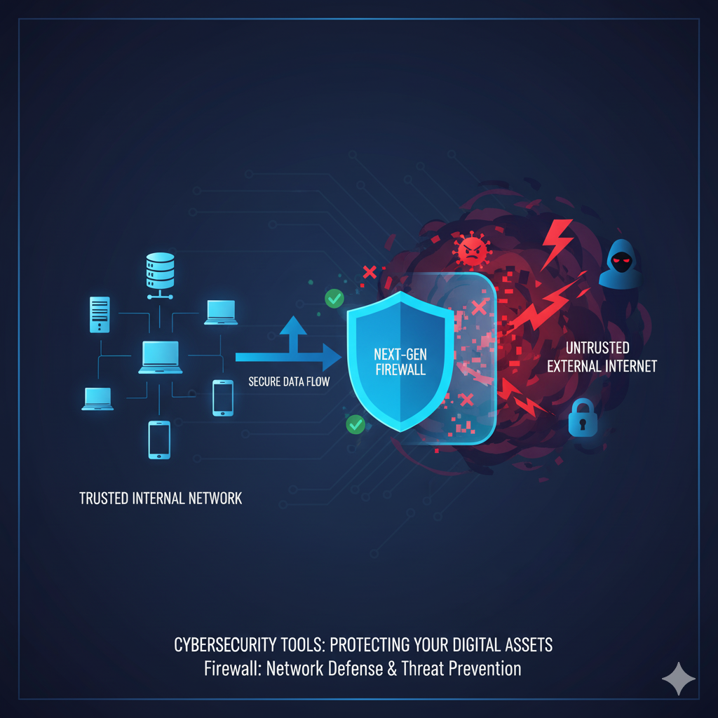 Illustration of a blue shield labeled "Next-Gen Firewall" protecting a trusted network from red, danger-themed symbols representing threats from the untrusted internet.