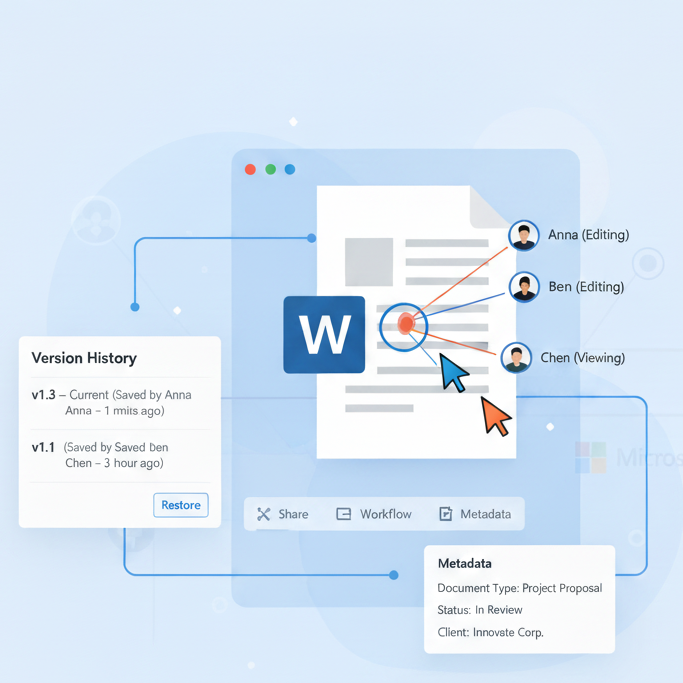 : "Illustration of Microsoft 365 collaboration features showing word processing with co-authoring, version history, and metadata options. Includes icons of three users editing or viewing a document."