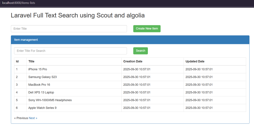 Laravel full text search interface using Scout and Algolia displaying a list of electronic items with search and pagination functionality.