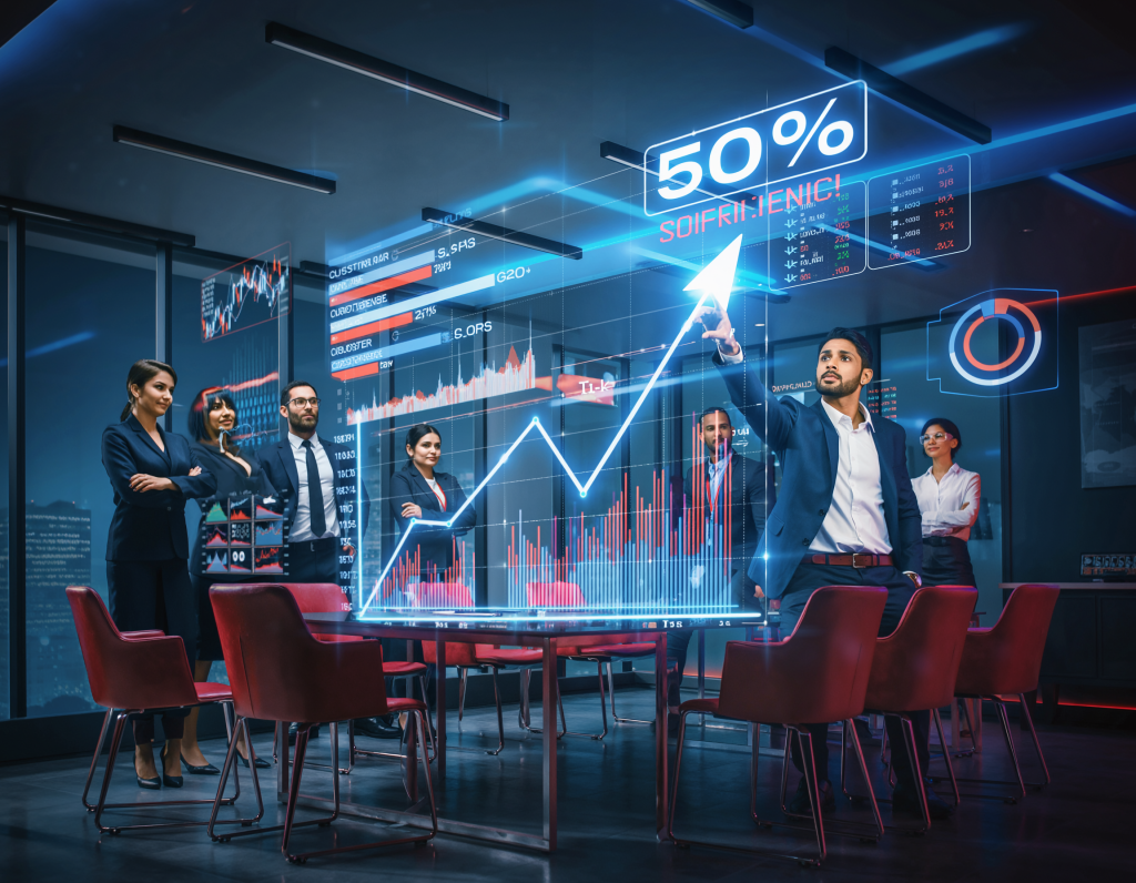 Intelligent businessman presenting growth charts and data visualizations on a glass board to colleagues in a modern office setting