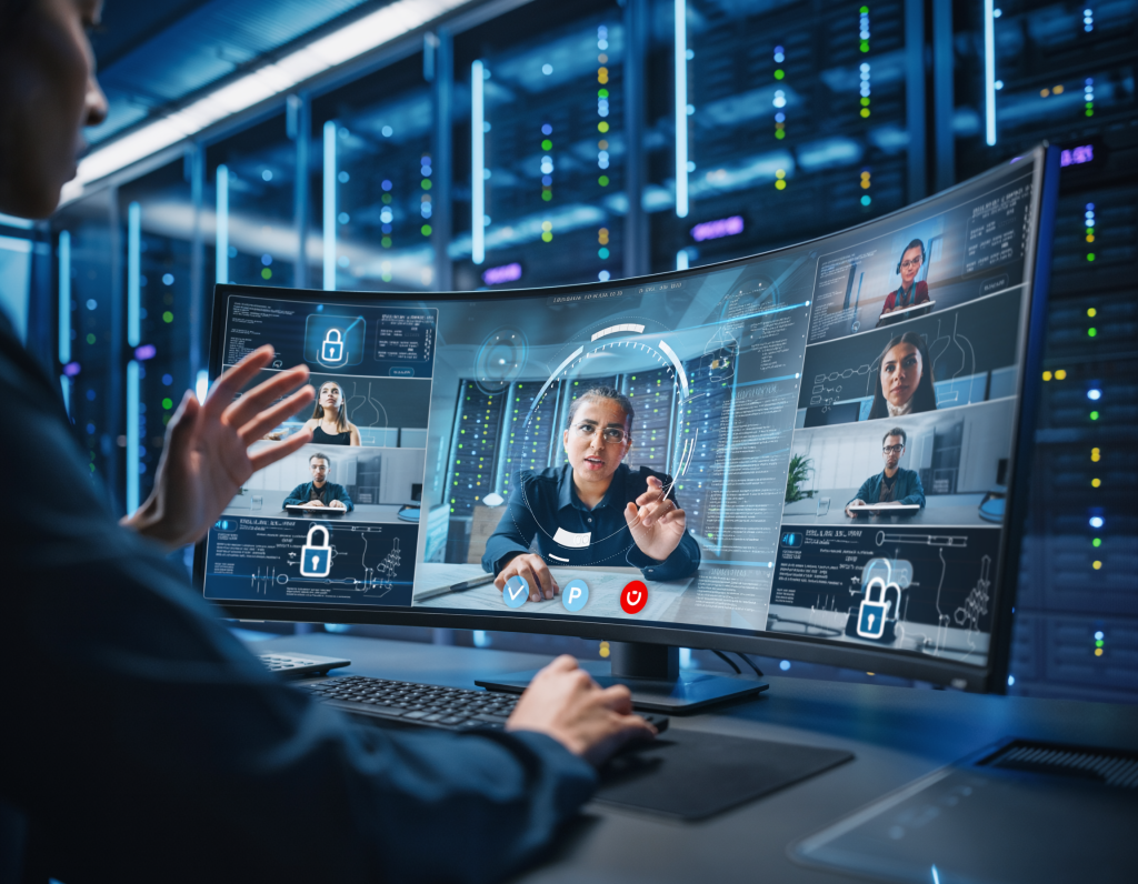 A female IT director leading a virtual meeting via advanced video conferencing on a curved ultra-wide monitor, team members appearing as avatars in a metaverse environment, background with server racks glowing in a data center, elements of cybersecurity icons floating digitally, modern corporate vibe, sharp focus, 4k.