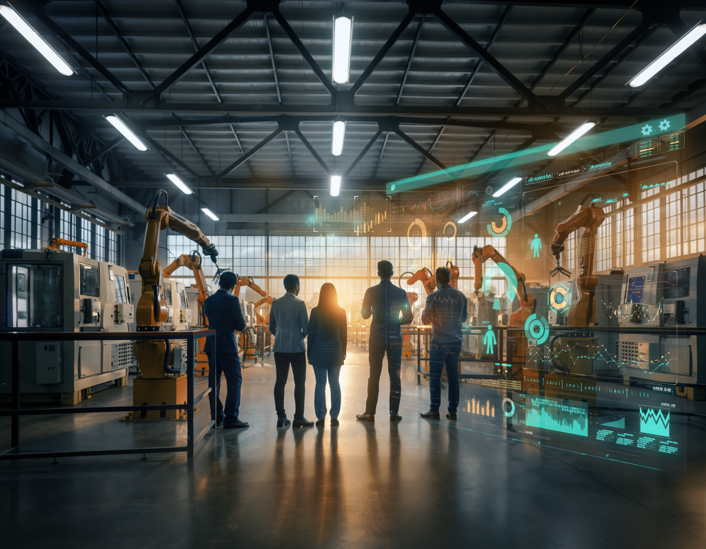 A modern UK factory interior where traditional manufacturing machinery and workbenches seamlessly blend with futuristic elements like glowing AI interfaces, robotic arms, and holographic displays. The scene captures a harmonious fusion of industrial heritage and advanced technology.