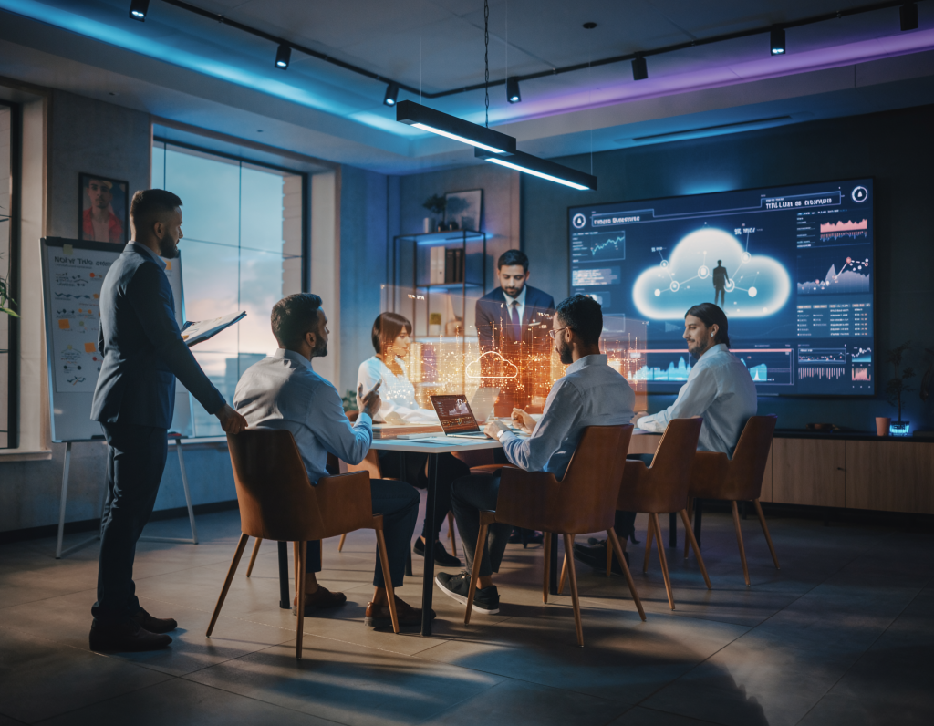 A sleek executive boardroom in a high-tech IT company, diverse managers in smart casual attire discussing around a holographic table displaying real-time data analytics and AI dashboards, large floor-to-ceiling screens showing cloud computing interfaces, modern minimalist design with neon accents and digital whiteboards, photorealistic, 8k resolution.
