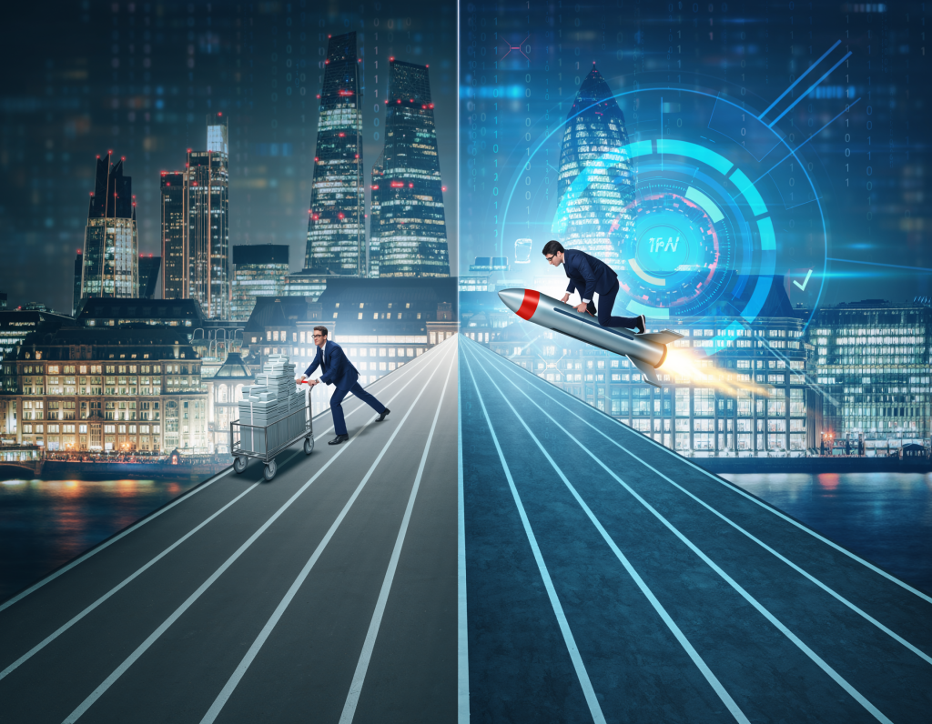 Contrast between a man walking with papers symbolizing traditional business processes and a man riding a rocket representing digital transformation and rapid growth