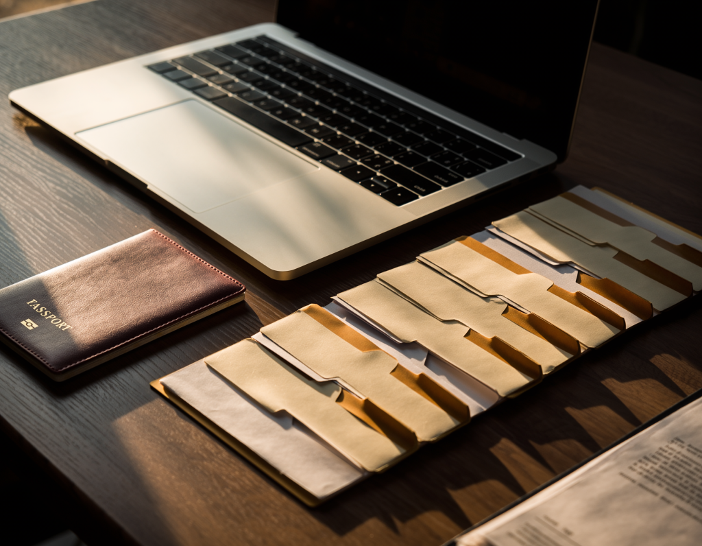 Clean desk with laptop, passport, and organized documents.