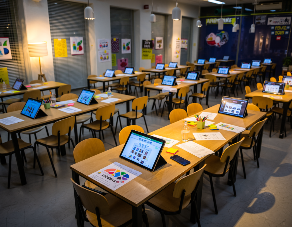 Collaborative learning area with tablets and training materials.