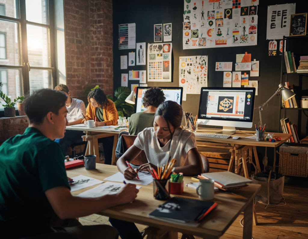 Creative agency studio, colorful mood boards, iMacs, sketchbooks, art supplies, diverse creatives sketching, loft windows, vibrant