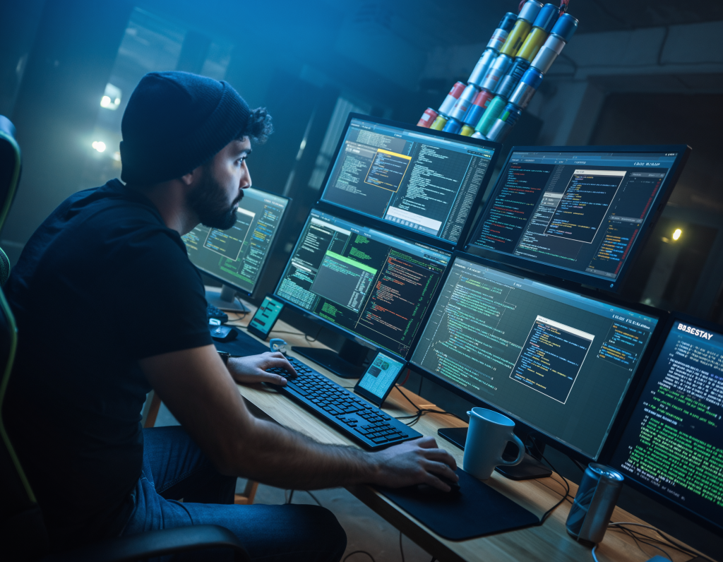 Ethical hacker in bug bounty session, Kali Linux, multiple VMs, terminal chaos, dark theme, energy drink tower, focused intensity, cyber aesthetic -