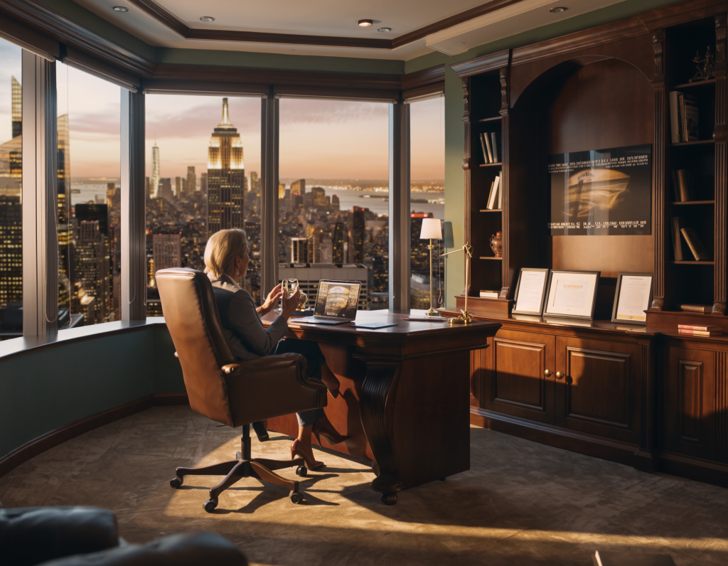 Executive corner office, mahogany desk, leather chair, city skyline view, framed awards, senior manager on video call, golden hour lighting, photoreal