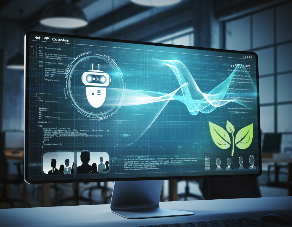 Futuristic office screen: AI code bot, serverless wave, green carbon leaf, team brainstorming