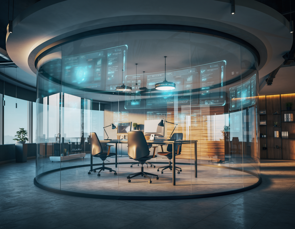 Modern quiet digital office space with minimalistic design, computers, and employees working in a focused environment.