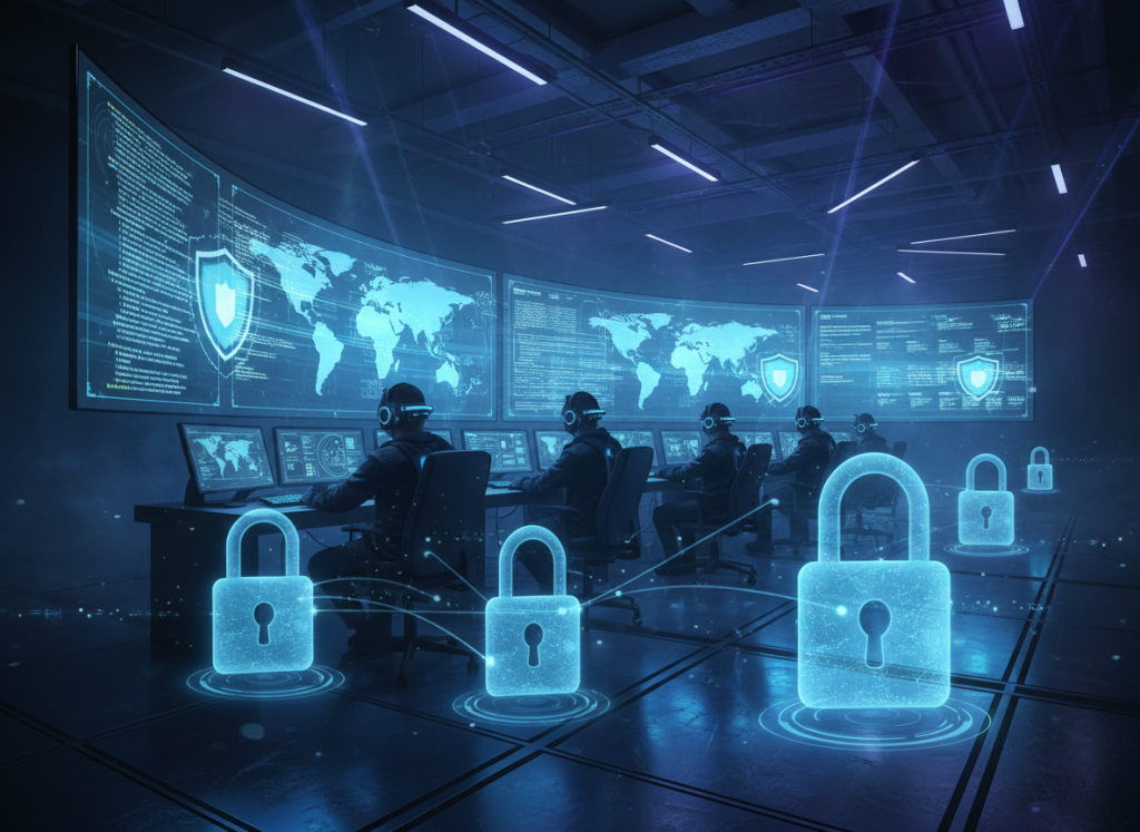 "A dark, high-tech cybersecurity operations center (SOC) with multiple large curved monitors displaying glowing digital world maps, data streams, and firewall shields, operators wearing headsets, blue holographic padlocks floating, dramatic volumetric lighting, cyberpunk aesthetic, ultra-realistic,