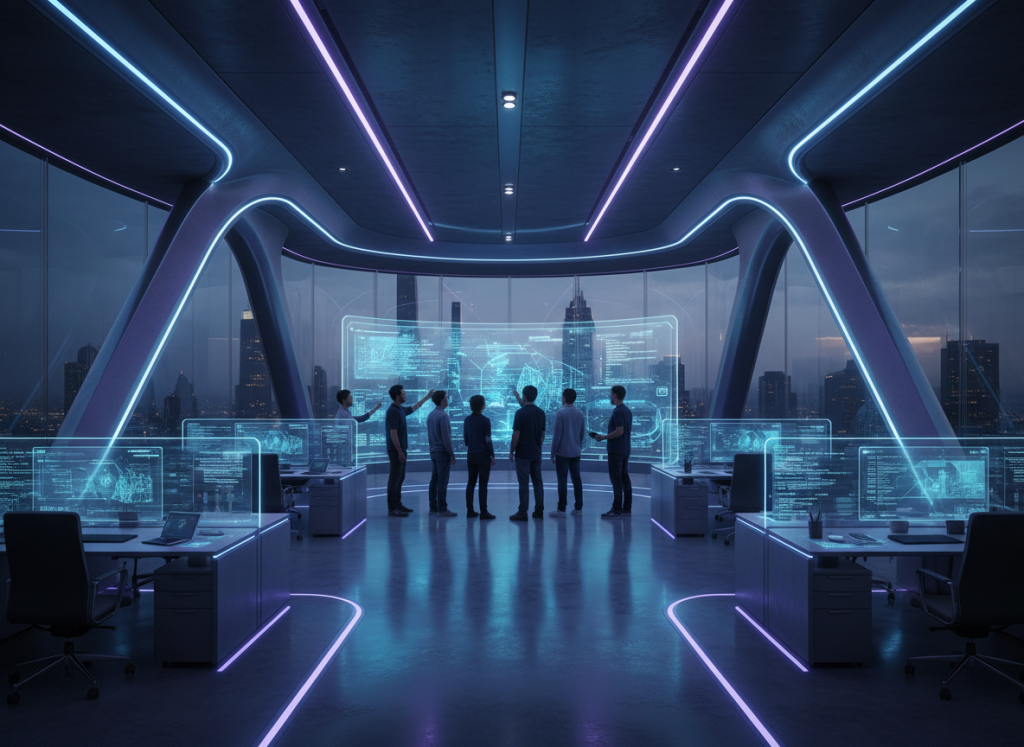A sleek, futuristic IT company office with glass walls, holographic screens floating in the air, diverse team of developers collaborating around a large digital whiteboard, blue and purple neon lighting, ultra-modern architecture, cinematic lighting, 8k, highly detailed, photorealistic