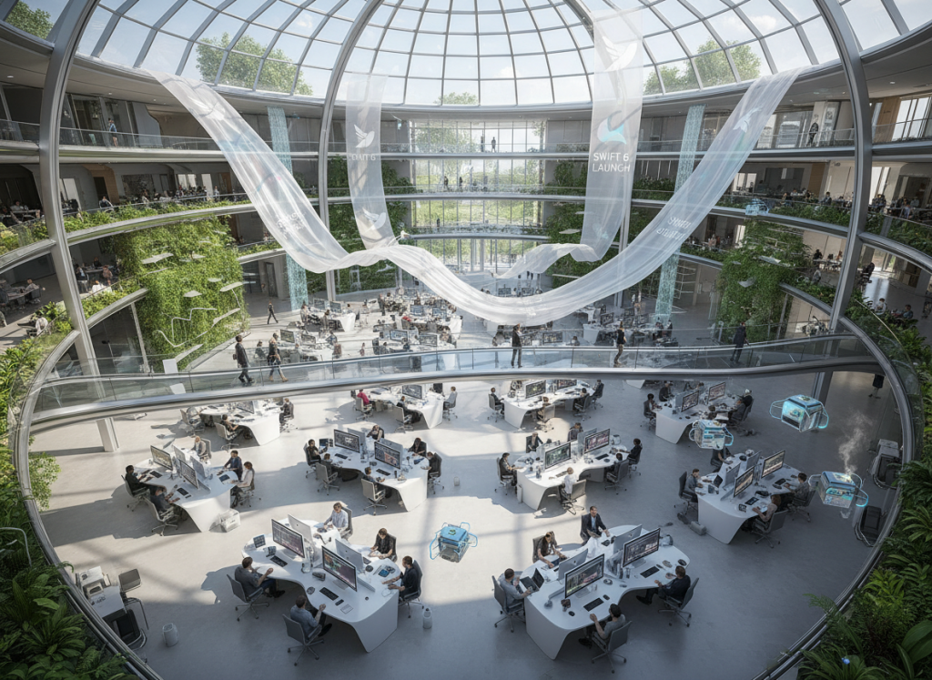 Aerial view inside a massive futuristic tech campus atrium office, hundreds of developers at sleek white desks with iMacs and MacBooks, glass walkways above, living green walls, Swift 6 launch banners gently floating, drones delivering coffee, ultra-realistic, grand scale, natural daylight