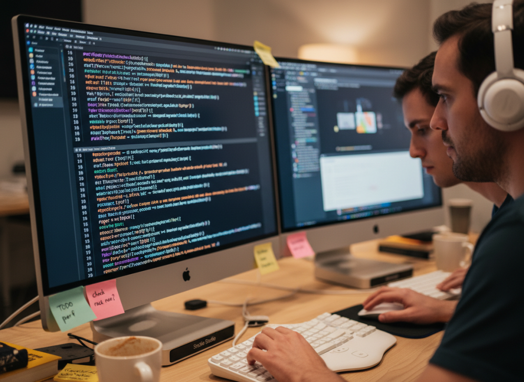 Close-up of two developers pair-programming on a Mac Studio with dual Studio Displays, one screen showing complex Swift concurrency code with actors and Sendable, colorful syntax highlighting, sticky notes on bezel, AirPods in, intense but calm focus, shallow depth of field, cinematic macro photography style
