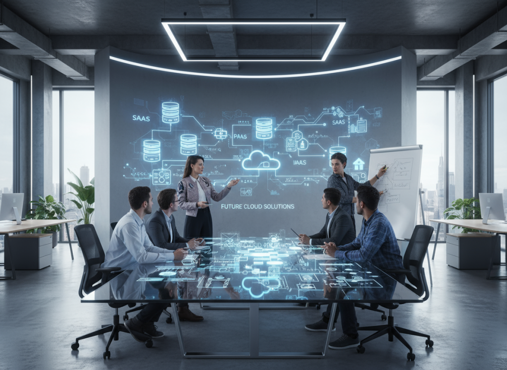 Cloud Computing Concept in Office – team brainstorming with cloud architecture diagrams projected on the wall, bright innovative workspace.