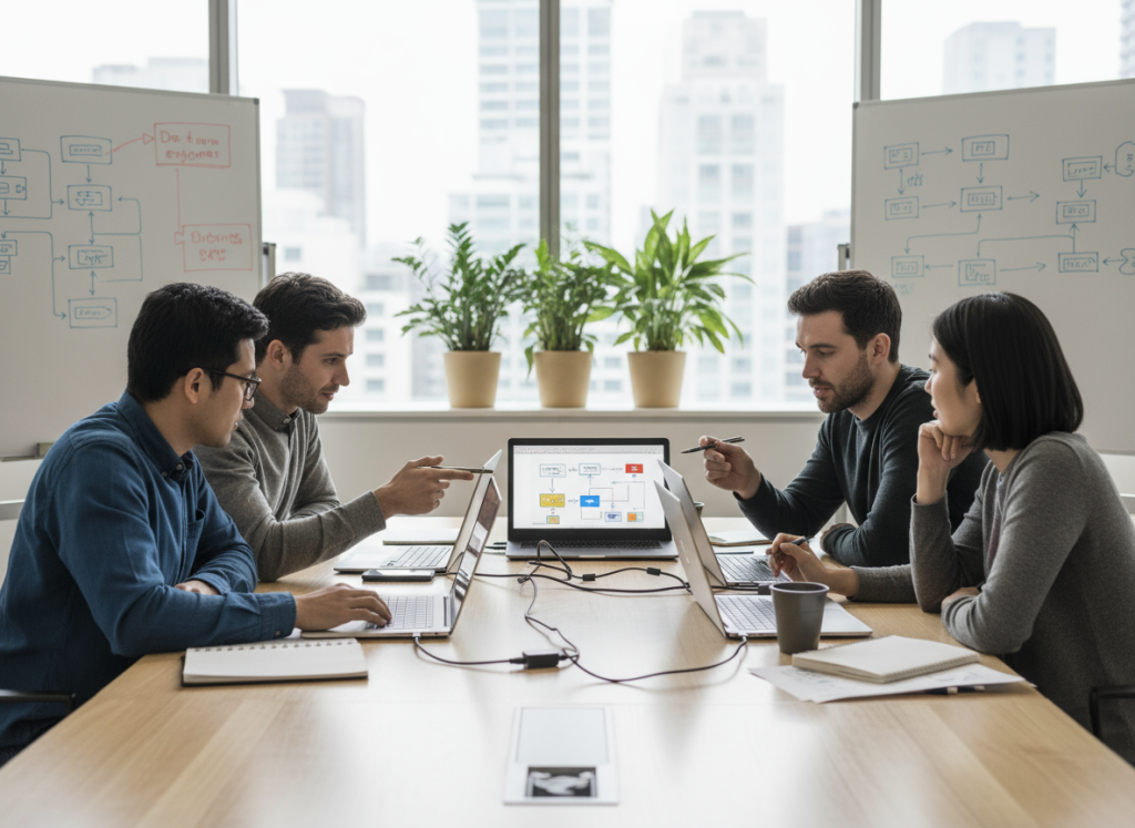 Cloud engineers sitting together reviewing infrastructure diagrams on laptops.