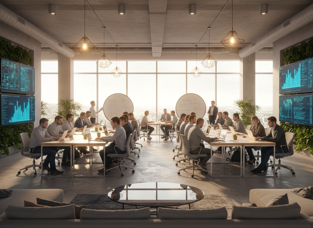 Corporate Tech Office Wide Shot – open-plan modern office with teams working on laptops, warm lighting, clean architecture, digital screens visible.