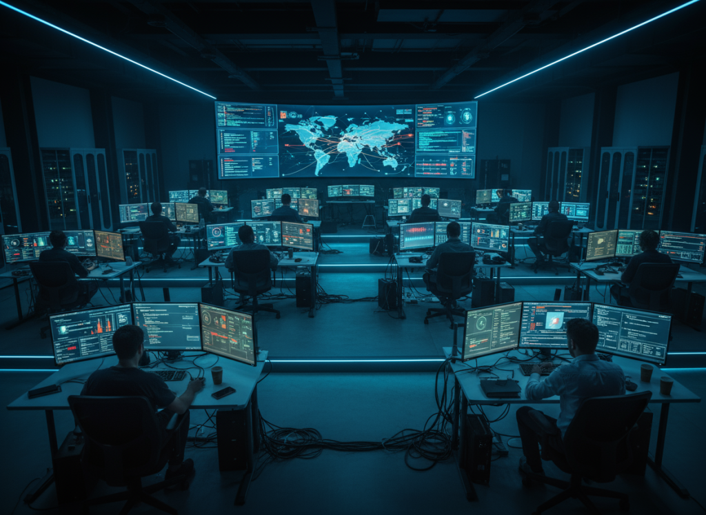 Cybersecurity Operations Center – analysts monitoring multiple security dashboards, dark room with glowing screens, high-tech environment.