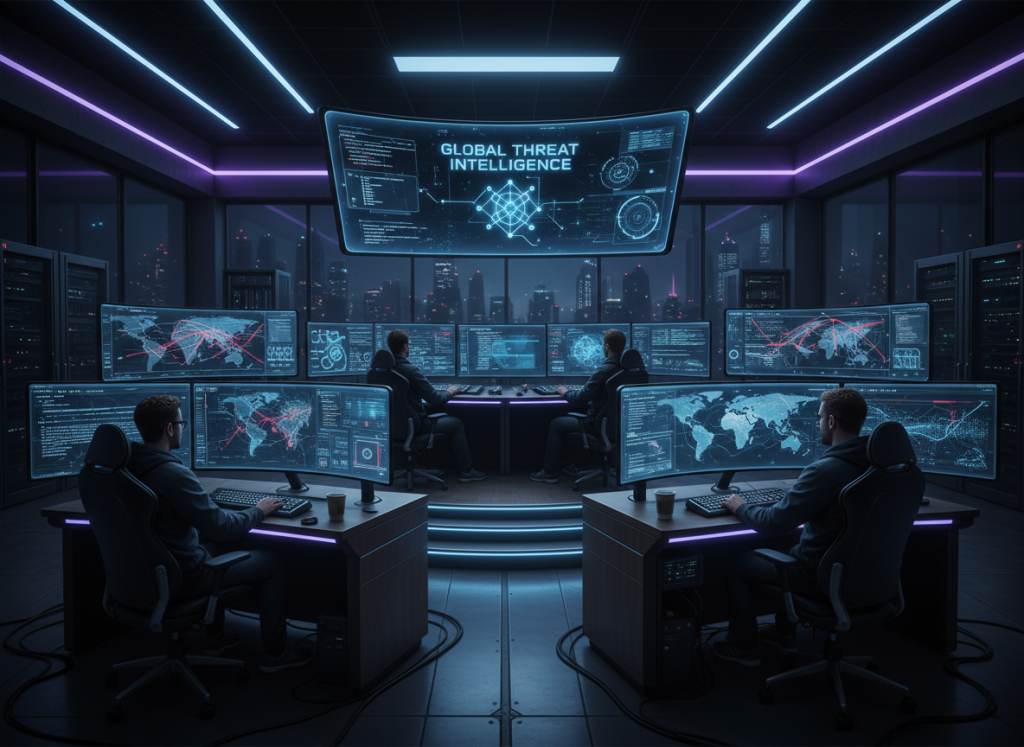 Cybersecurity command room with analysts monitoring threat intelligence screens.