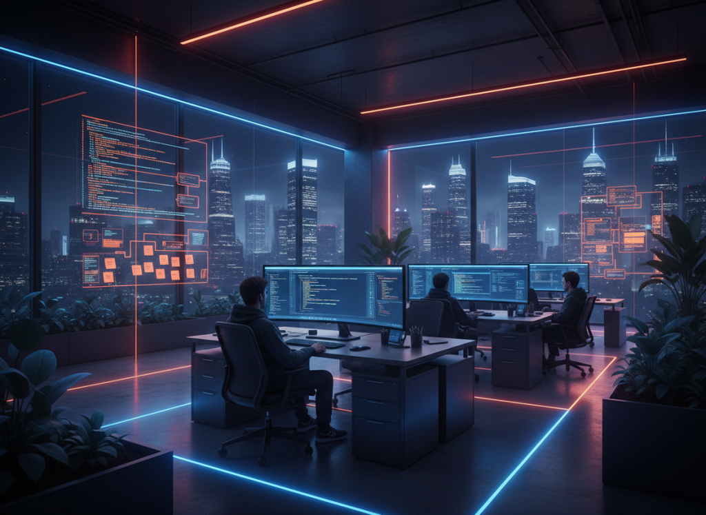 “Dark-mode software engineering office at night, glowing code on massive curved OLED monitors, neon accent lighting in Swift orange and blue, developers wearing hoodies, glass walls with sticky notes with concurrency diagrams, city skyline visible through windows, cyberpunk but premium and clean, blade runner meets Apple Park