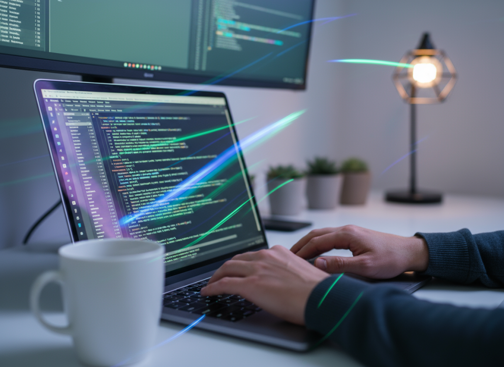 Developers Working on Code – close-up shot of hands typing on laptop with code on screen, minimalistic workspace, neon reflections from monitors.