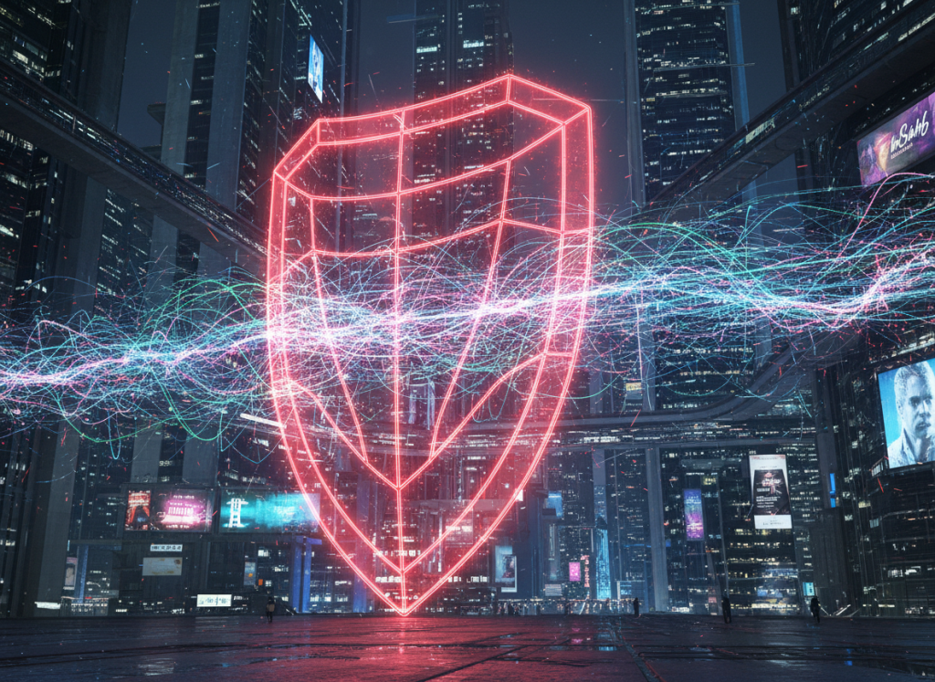 “Futuristic cyber-city at night with thousands of glowing data threads flowing through the air, suddenly a massive transparent crimson shield materializes and instantly locks every dangerous crossing thread in place, red warning sparks turning into calm blue light, cinematic neon lighting, ultra-detailed, octane render,