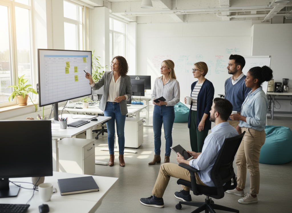 IT Project Manager Leading Stand-Up Meeting – group of developers standing around Kanban board, collaborative agile workspace.