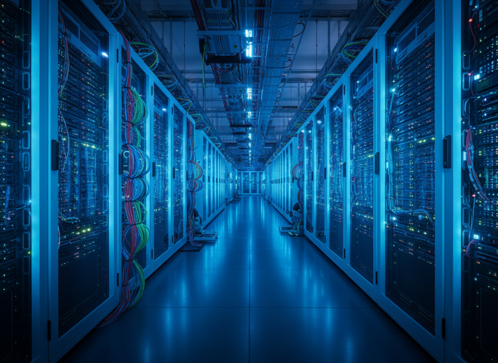 Inside a state-of-the-art data center, endless rows of glowing server racks with cool blue LED lights, fiber optic cables, reflections on polished floor, futuristic and powerful atmosphere, ultra-realistic, photographed with Canon EOS, cinematic depth of field