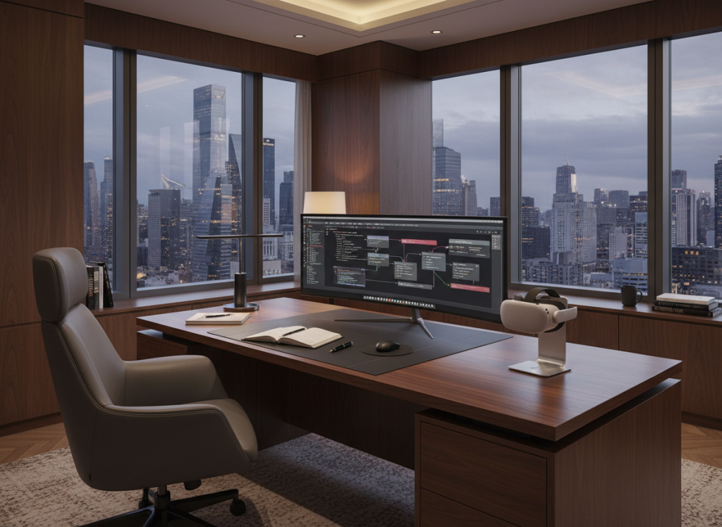 “Luxurious corner office for a principal iOS engineer, massive wooden desk, 49-inch ultrawide display showing complex actor isolation diagrams, leather notebook, Apple Vision Pro on stand, view of city through window, premium materials, sophisticated and powerful atmosphere