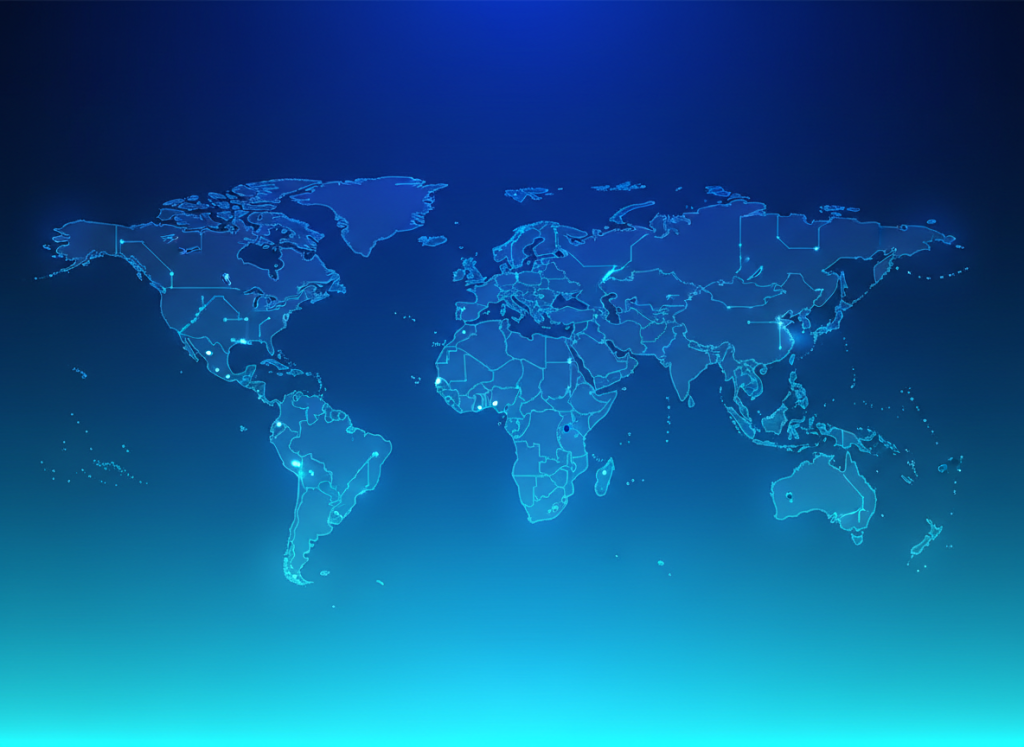Minimalist abstract technology background, interconnected glowing nodes and circuits forming a subtle world map, deep blue gradient background transitioning to electric cyan, clean corporate style, perfect for IT company branding, no text, 8k resolution