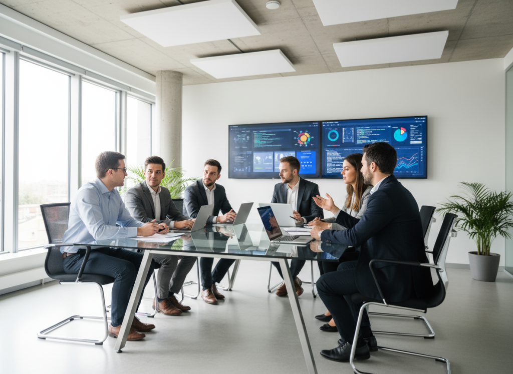 Modern IT Office Team Collaboration – diverse tech team discussing project around a glass meeting table, large digital screens displaying dashboards, clean corporate environment, soft natural lighting.