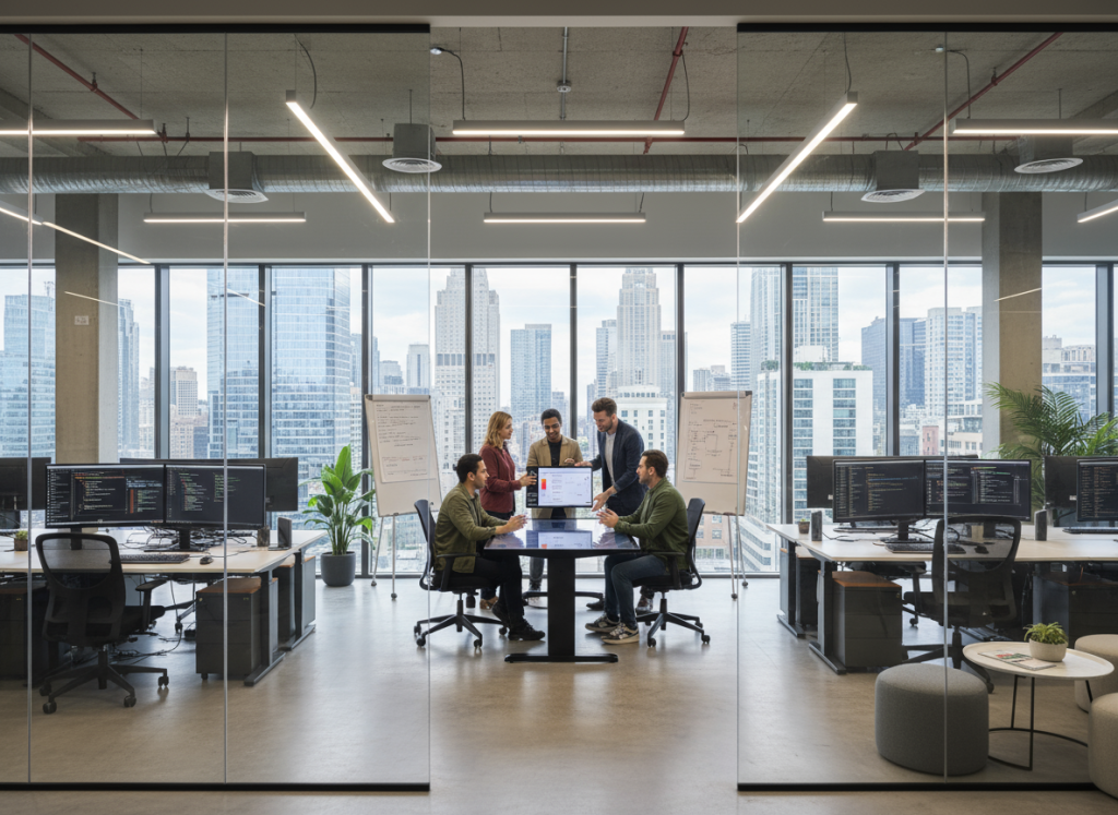 Modern IT office with glass walls, dual-monitor workstations, and a team collaborating on software development.