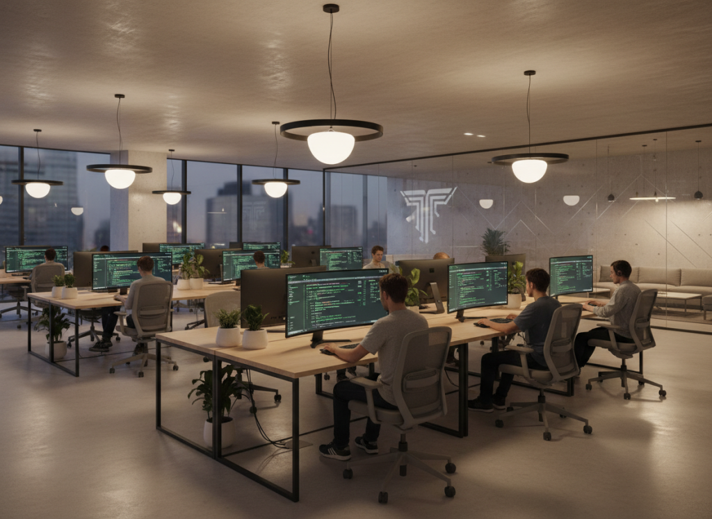 Open-plan tech workspace with developers coding, soft ambient lighting, and minimalist furniture